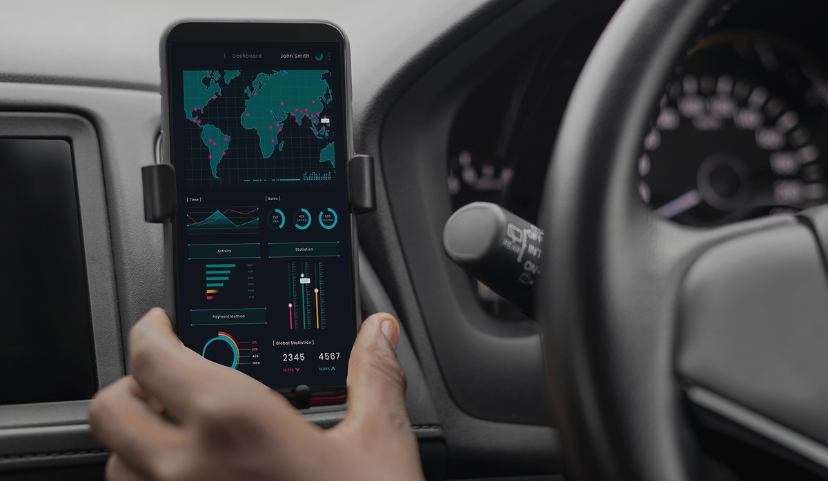 Dashboard with phone mount and analytics